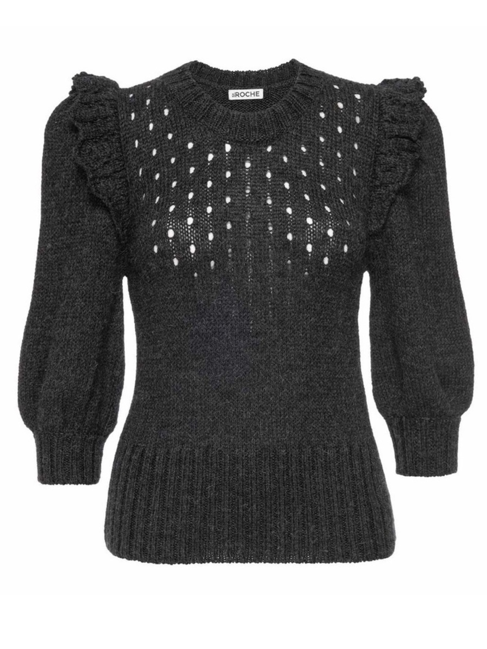 St. Roche Alpaca Ruffle Pointelle Sweater Charcoal 3/4 Balloon Sleeves Medium